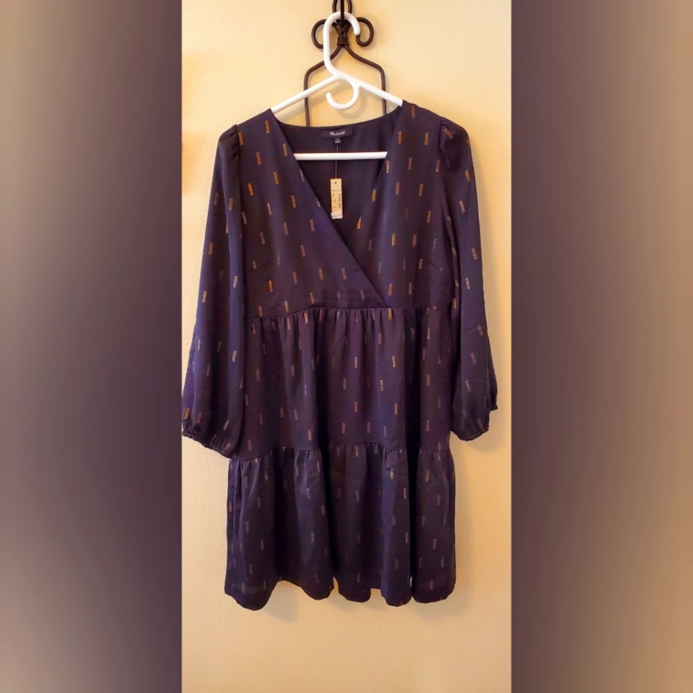 Madewell Metallic Jacquard Faux-Wrap Tiered Dress